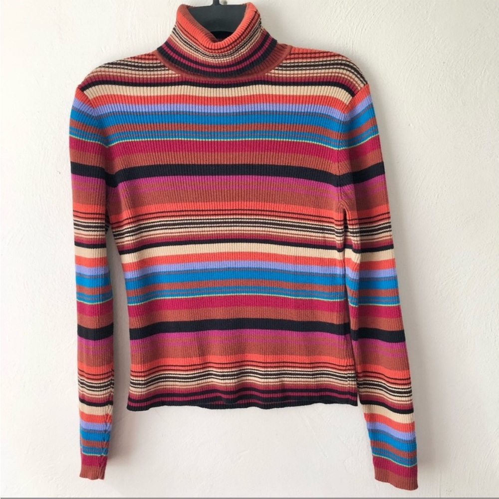 Harve Benard Vintage Multi-Color Striped Cropped Turtleneck Long Sleeve Top